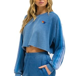 AVIATOR NATION CLASSIC STRIPE CROPPED CREW SWEATSHIRT - Faded Water - NWT